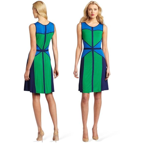 BCBGMAXAZRIA Colette Jersey Dress Mini Colorblock Cocktail Sleeveless Blue Green - Picture 11 of 11